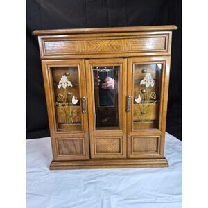 Vintage Wooden Jewelry Box Floral 2 Door 8 Drawers Necklace Hanger Rings And